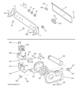 Backsplash, Blower & Motor Assembly Diagram and Parts List for GTDL210ED5WW  General Electric Dryer