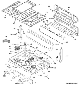 Control Panel & Cooktop Diagram and Parts List for PGB940ZEJ3SS  General Electric Range