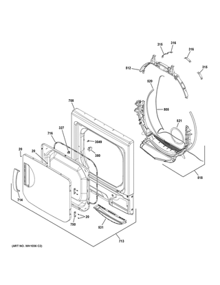 Dryer Front Panel & Door Diagram and Parts List for XUD27GSSM1WW  General Electric Washer Dryer Combo