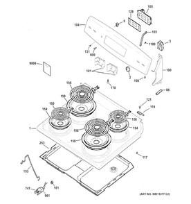 Control Panel & Cooktop Diagram and Parts List for JBS27RF1SS  General Electric Range