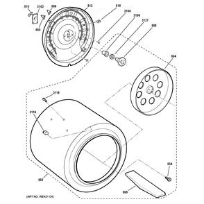 Drum Diagram and Parts List for DSKS433EB8WW  General Electric Dryer