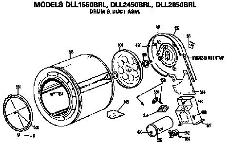 Drum And Duct Assembly Diagram and Parts List for DLL1550BRL  Hotpoint Dryer