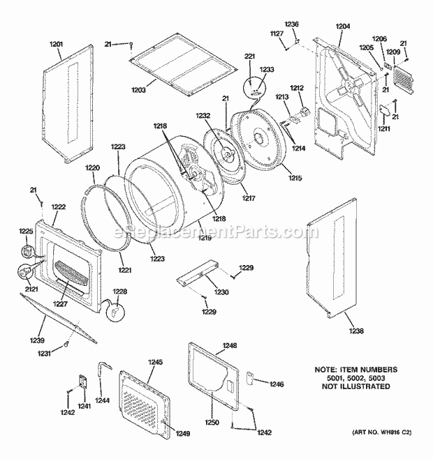 DRYER UPPER CABINET, DRUM & HEATER Diagram and Parts List for WSM2700DAWWW  General Electric Washer Dryer Combo