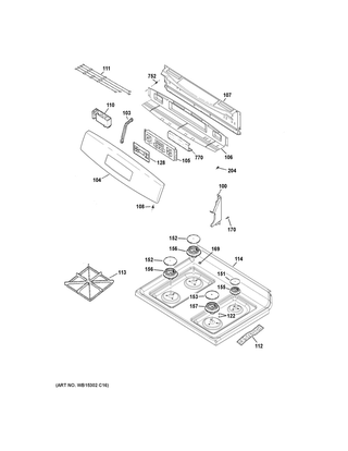 Control Panel & Cooktop Diagram and Parts List for JGB635DEK3BB  General Electric Range