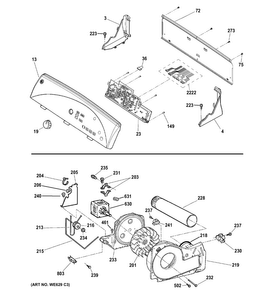 Backsplash, Blower & Drive Assembly Diagram and Parts List for GTDP520GD2WW  General Electric Dryer