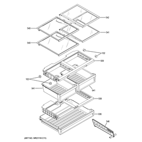 Fresh Food Shelves Diagram and Parts List for GYE18JYLHFFS  General Electric Refrigerator