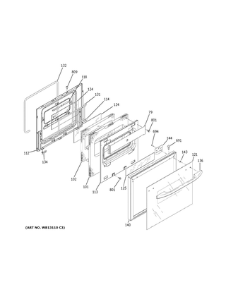 Door Diagram and Parts List for JRP20BJ3BB  General Electric Wall Oven