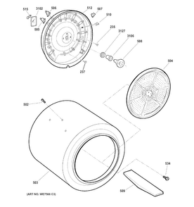 Drum Diagram and Parts List for DMCD330EJ3WC  General Electric Dryer