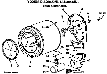 Drum And Duct Assembly Diagram and Parts List for DLL2900MNL  Hotpoint Dryer