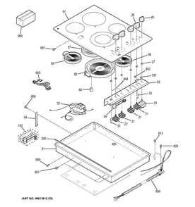 Control Panel & Cooktop Diagram and Parts List for JP3530DJ1BB  General Electric Cooktop