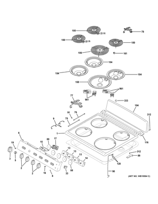 Control Panel & Cooktop Diagram and Parts List for RAS300DM1WW  General Electric Range
