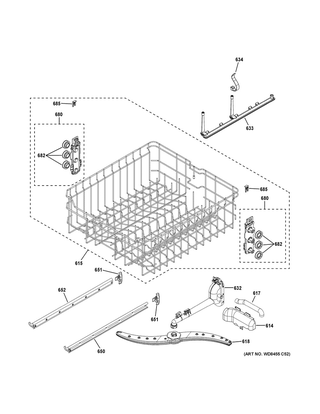 Upper Rack Assembly Diagram and Parts List for GDF630PSM1SS  General Electric Dishwasher