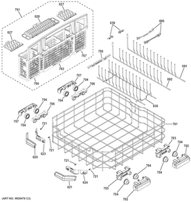 Lower Rack Assembly Diagram and Parts List for GDT740SIF4II  General Electric Dishwasher