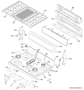 Control Panel & Cooktop Diagram and Parts List for PGB911ZEJ1SS  General Electric Range