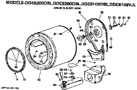 Drum And Duct Assembly Diagram and Parts List for DDE8100DBL  General Electric Dryer
