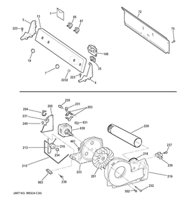 Backsplash, Blower & Drive Assembly Diagram and Parts List for GTDX180GD3WW  General Electric Dryer