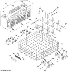 Lower Rack Assembly Diagram and Parts List for CDT765SSF1SS  General Electric Dishwasher