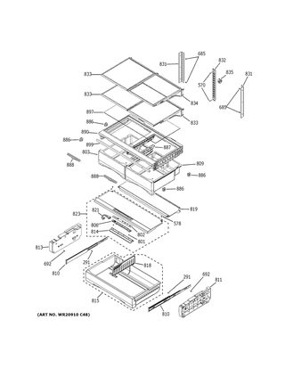 Fresh Food Shelves Diagram and Parts List for GFE28HMKKES  General Electric Refrigerator