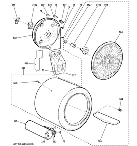 Drum Diagram and Parts List for GTX60GBSJ0WS  General Electric Dryer