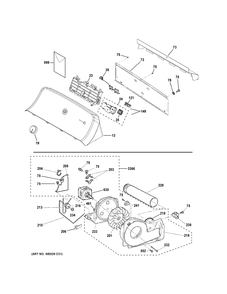 Backsplash, Blower And Motor Assembly Diagram and Parts List for VTD52EASR1WB  General Electric Dryer