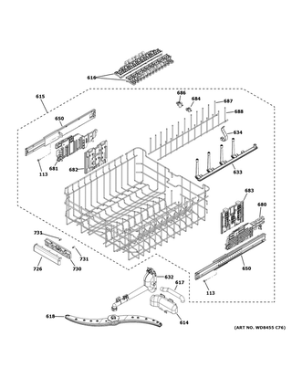 Part Location Diagram of WD28X25645 GE COATED FOLD DOWN UPPER RACK TINE
