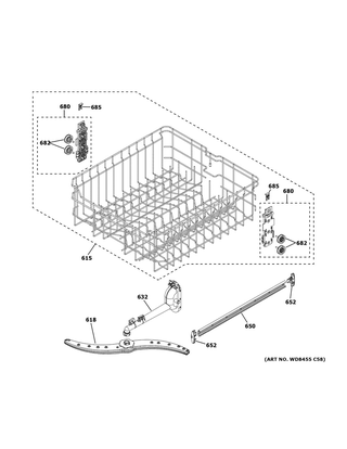 Upper Rack Assembly Diagram and Parts List for GDT565SSN0SS  General Electric Dishwasher