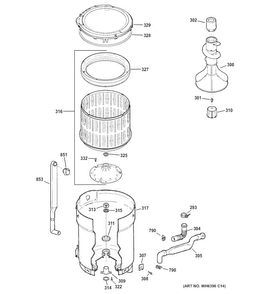 Tub, Basket & Agitator Diagram and Parts List for GTWN2800D2WW  General Electric Washer