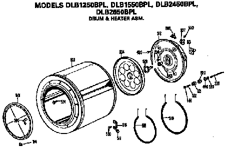 Drum And Heater Assembly Diagram and Parts List for DLB2450BPL  Hotpoint Dryer