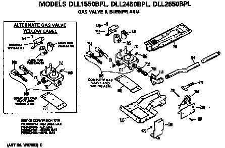 Gas Valve And Burner Assembly Diagram and Parts List for DLL1550BPL  Hotpoint Dryer