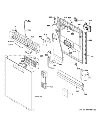 Escutcheon & Door Assembly Diagram and Parts List for CDT875M5N0S5  General Electric Dishwasher