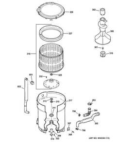 Tub, Basket & Agitator Diagram and Parts List for GMAN4250F2WS  General Electric Washer