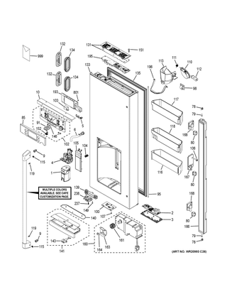 Dispenser Door Diagram and Parts List for CFE28UP2MCS1  General Electric Refrigerator