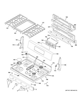 Control Panel & Cooktop Diagram and Parts List for JGB700EEJ5ES  General Electric Range