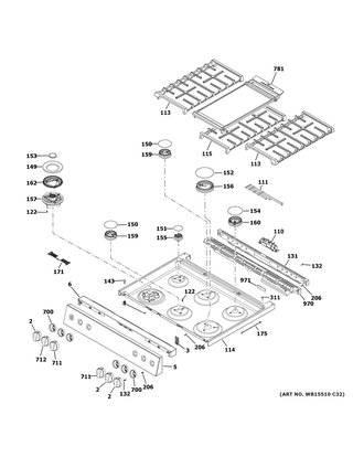 Control Panel & Cooktop Diagram and Parts List for CGS700M2N1S5  General Electric Range