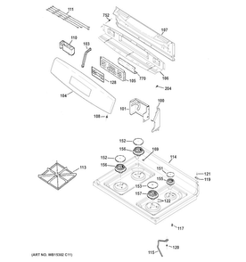 Control Panel & Cooktop Diagram and Parts List for JGB635DEK1BB  General Electric Range