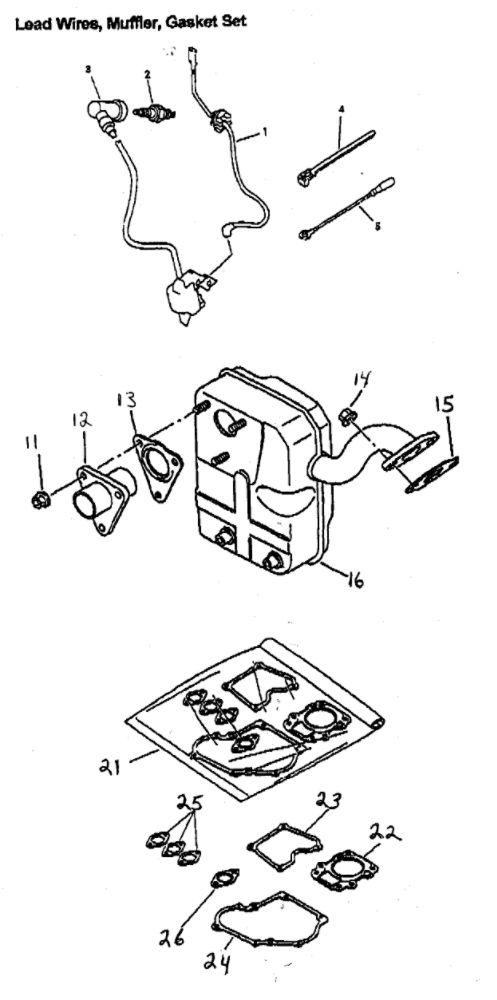Lead Wires/Muffler/Gasket Set Diagram and Parts List for GM82  Generac Engine