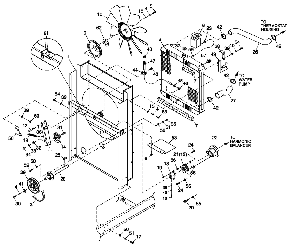4.6l G3 (Fwd) Cooling System And Fan Drive Diagram and Parts List for BT08046JNSN (3208V28959)(2008) Generac Generator