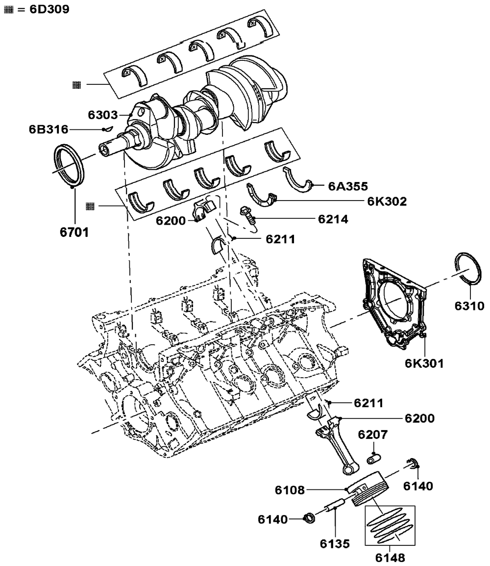 5.4l Gas Engine Pistons, Rods, And Crank Diagram and Parts List for QT08054ANSNA (5981037 - 5981038)(2010) Generac Generator