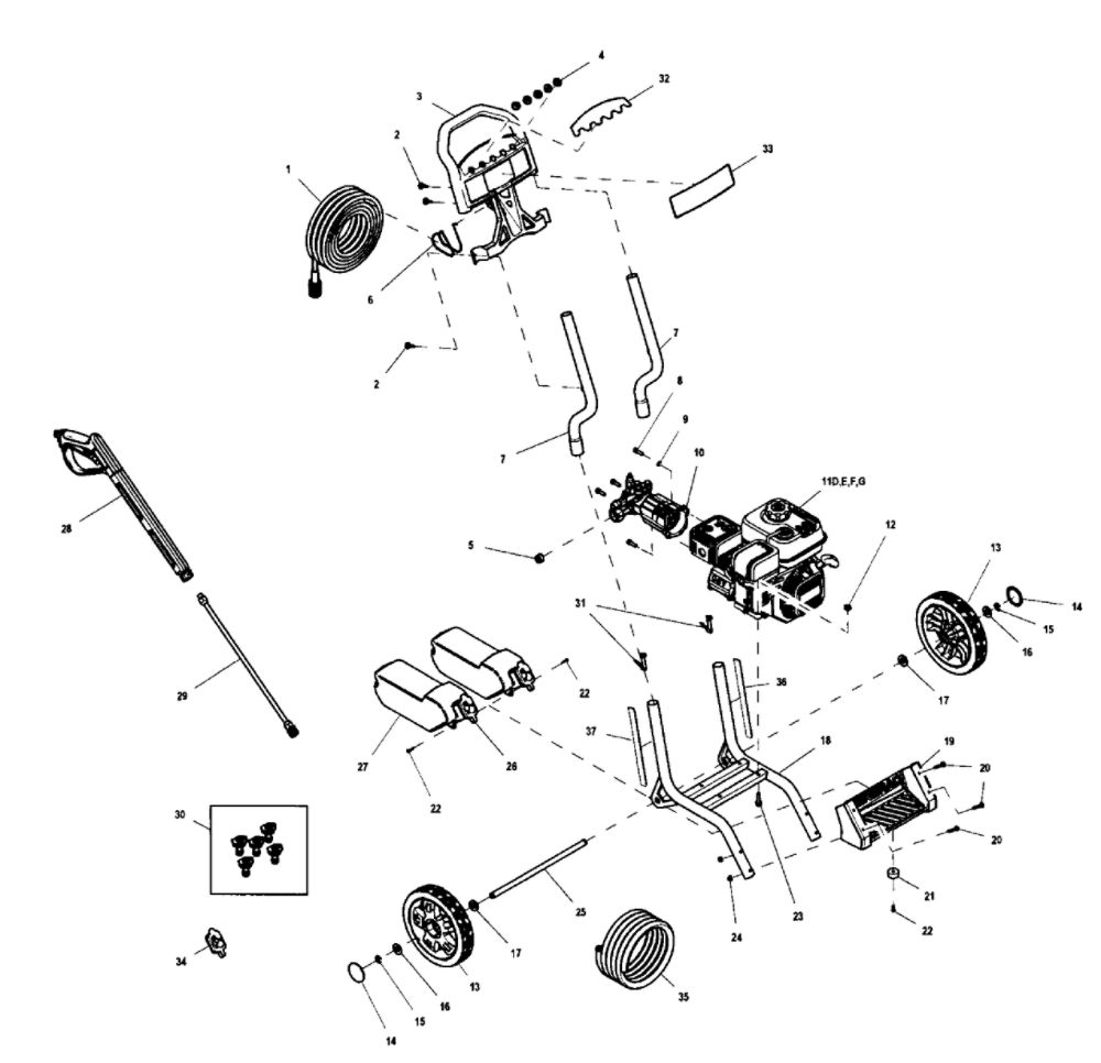 Frame Diagram and Parts List for 006023-0  Generac Pressure Washer
