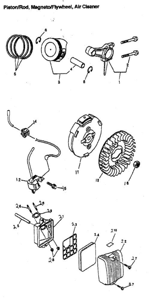 Piston/Rod/Magneto/Flywheel.Air Cleaner Diagram and Parts List for GM82  Generac Engine