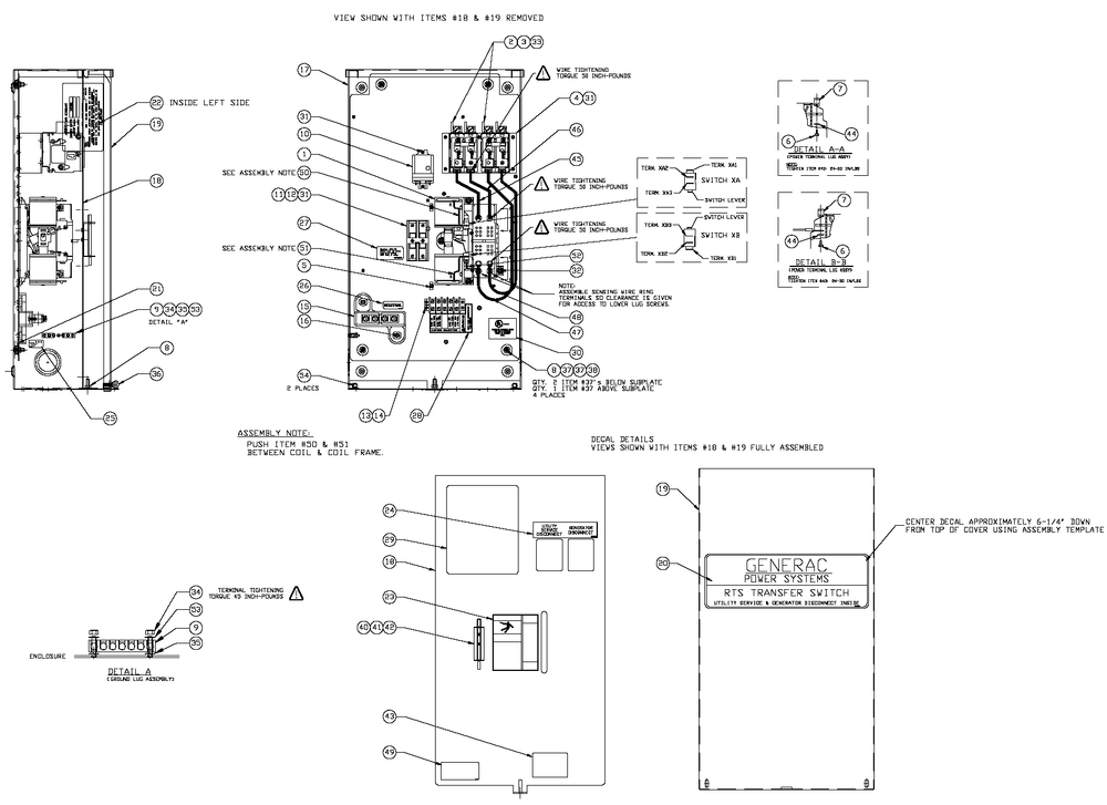 100a Transfer Switch Assembly Diagram and Parts List for 0054010 (4851109 - 4893811)(2007) Generac Generator