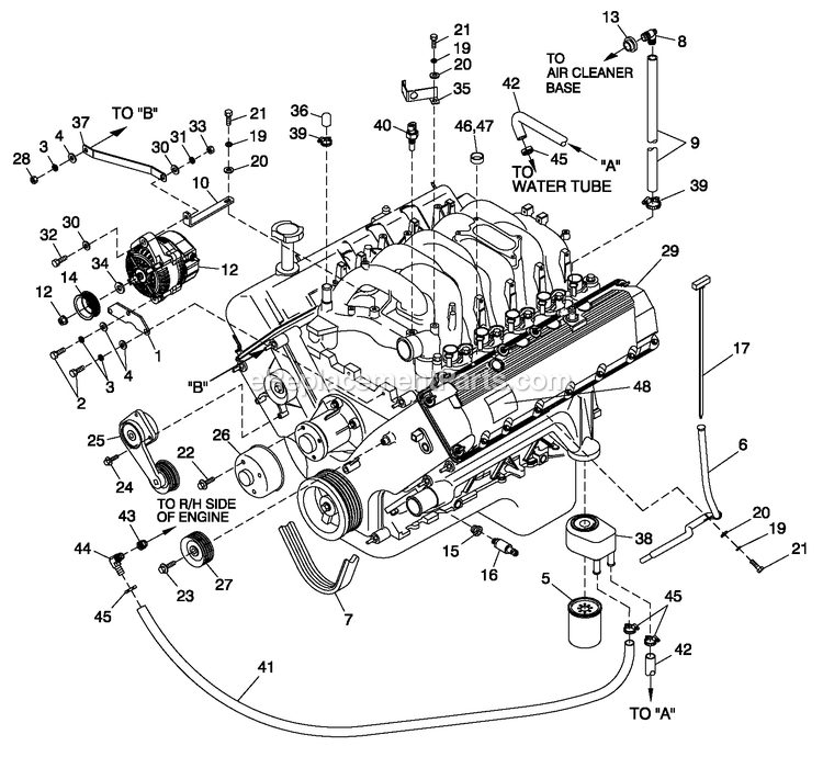 Engine Common Parts L/H Side Emissions Diagram and Parts List for QT10068KNSY (5305008)(2009) Generac Generator