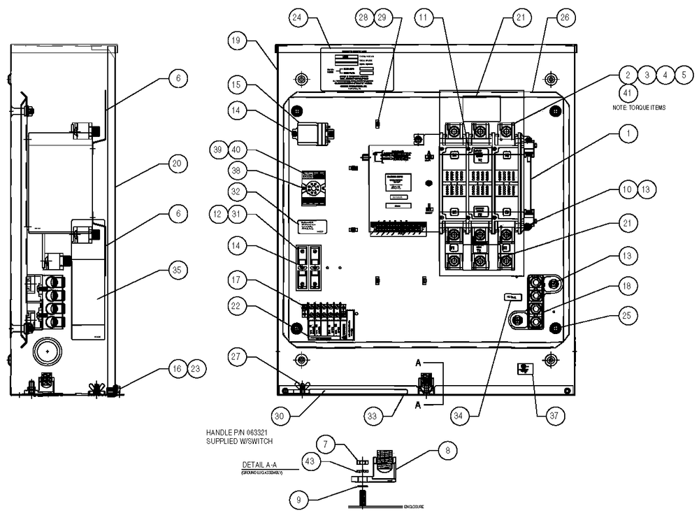 200 A, 3-Pole Switch Assembly Diagram and Parts List for 0047252 (37499976)(2014) Generac Generator