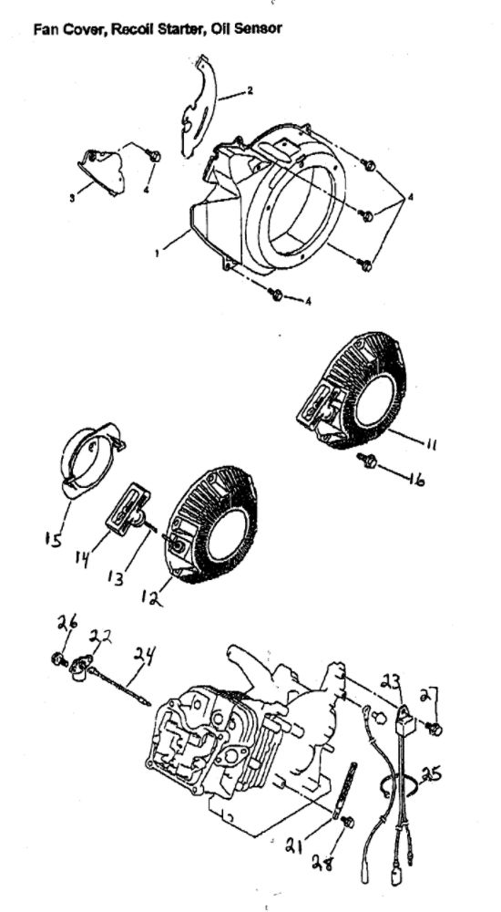 Fan Cover/Recoil Starter/Oil Sensor Diagram and Parts List for GM82  Generac Engine