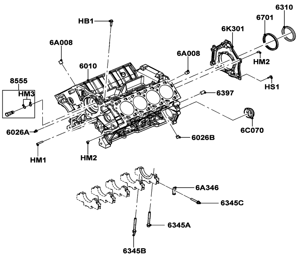 5.4l Gas Engine Cylinder Block Diagram and Parts List for QT08054ANSNA (5981037 - 5981038)(2010) Generac Generator