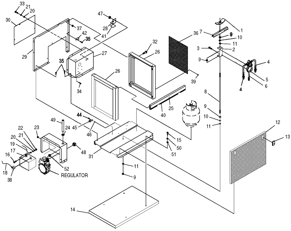 Tank Enclosure Diagram and Parts List for 0047910 (3762455 - 4697865)(2014) Generac Generator