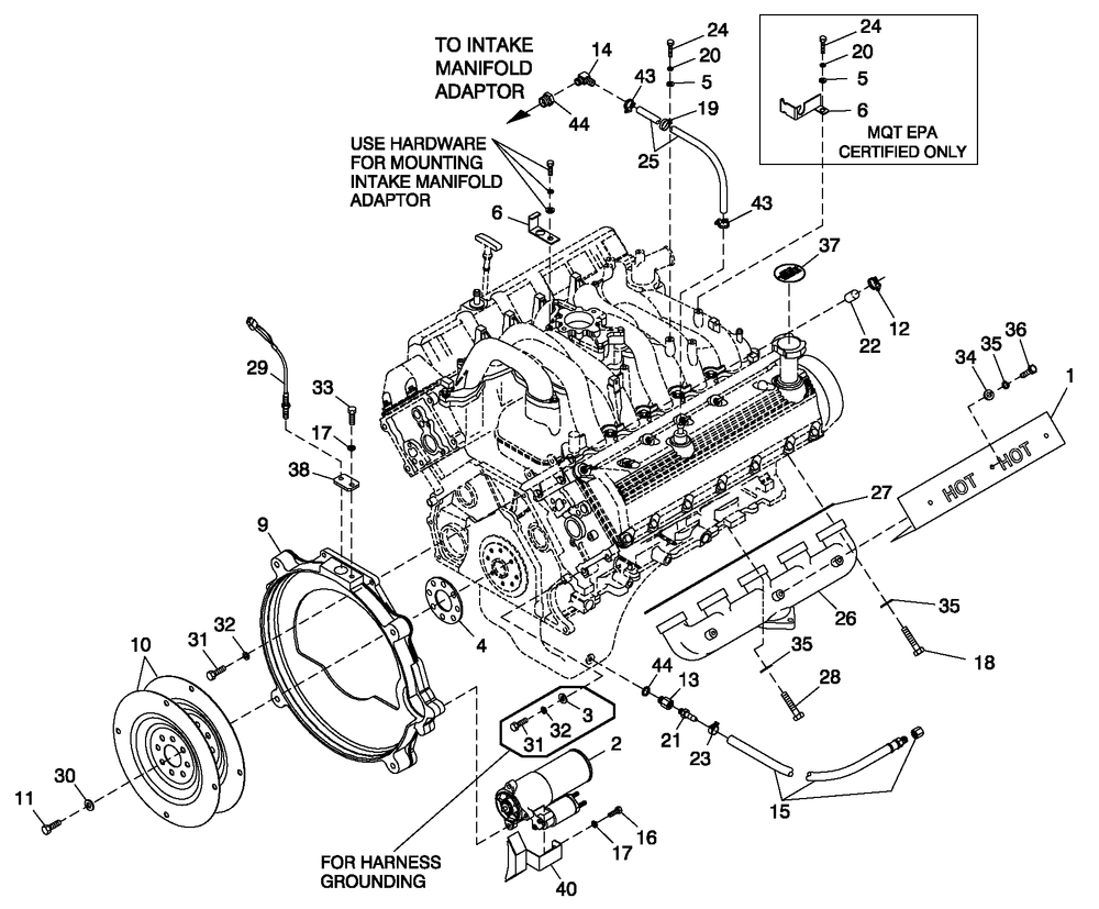 Engine Common Parts R/H Side Diagram and Parts List for QT15068AVNYA (5825782)(2010) Generac Generator