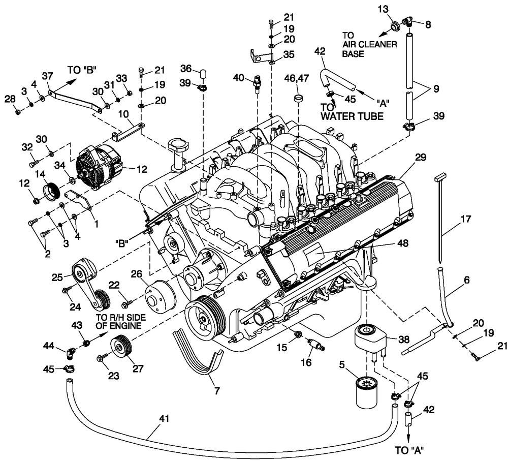 Engine Common Parts L/H Side Emissions Diagram and Parts List for QT13068ANSY (5466536)(2009) Generac Generator