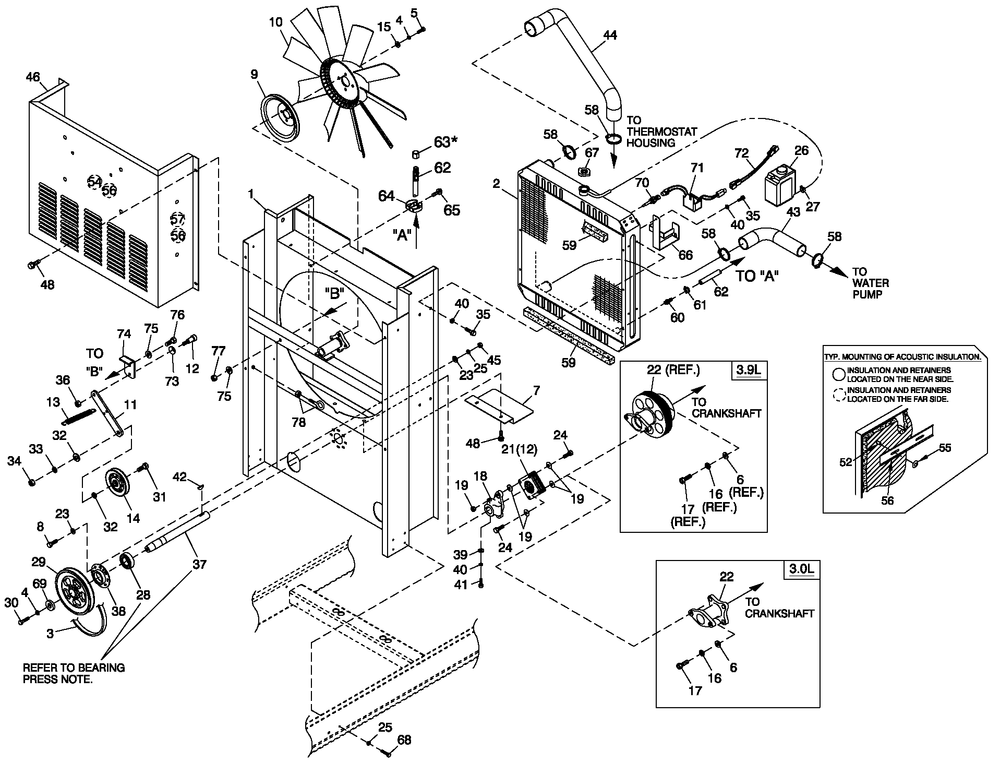 C4 Colling Sytem And Fan Drive Diagram and Parts List for QT07039AVSN (4166739 - 4225329)(2005) Generac Generator