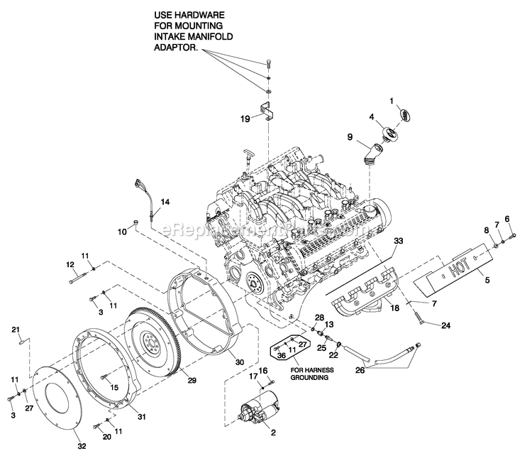 Engine Common Parts R/H 5.4l G/B (Cpl) Diagram and Parts List for QT08054JNSNA (6130357)(2010) Generac Generator